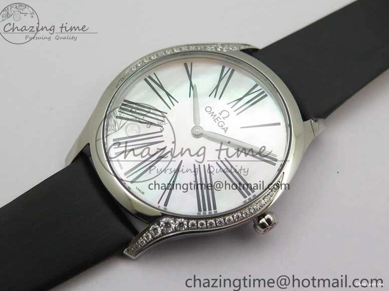 0406 ZeroBulk Ladies’ De Ville Trésor Diamond SS 3AF 1:1 Best Edition White Dial Black Markers On Black fabric strap Swiss Quartz 7880